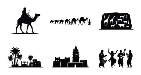 Fototapeta premium African Desert Caravan, Oasis Village, Wildlife Silhouette, and Tribal Dancers Vector Icons Set
