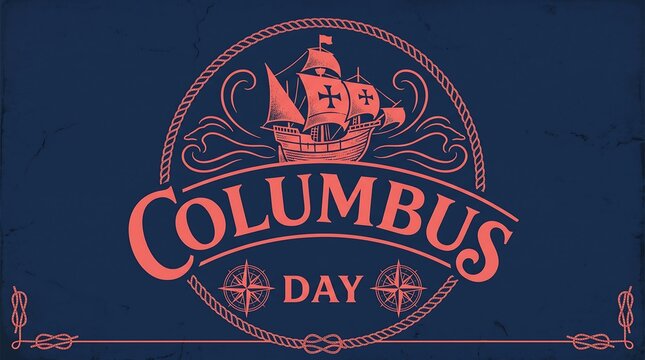 Vintage columbus day emblem with a sailing ship, compass, and decorative elements on a dark blue background