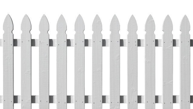 Classic white picket fence section with pointed tops, isolated on transparent background