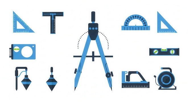 Architectural and Engineering Tools Collection Compass Rulers Levels Plumb Bob T Square Protractor