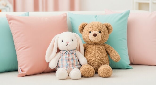 Adorable Teddy Bear And Bunny Plush Toys Sitting On Pillows