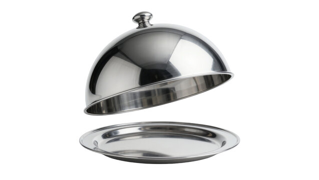Shiny silver cloche lid lifted from a round metal serving platter, isolated on transparent background