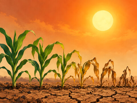 Corn Plants Wilting Across Cracked Soil Under an Intense Sun