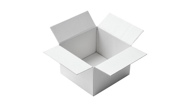 Open white cardboard box with flaps extended, isolated on transparent background