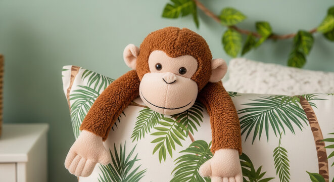Adorable Plush Monkey Adorns Tropical Themed Pillow In Cozy Bedroom Setting