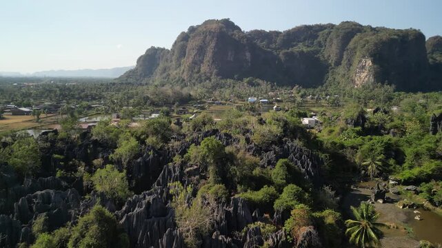 Aerial Drone Footage: Rammang Rammang Waterfalls, Indonesia - Scenic Skalni Mesto View