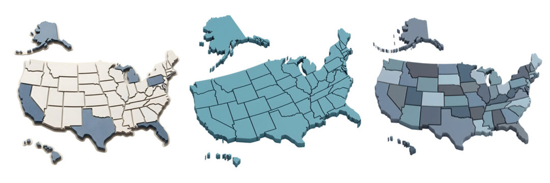 Three 3d usa maps with states and territories isolated on transparent background