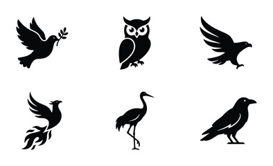 Obraz premium Set of 6 Black Bird Silhouettes: Dove, Owl, Eagle, Phoenix, Crane, Raven Icons