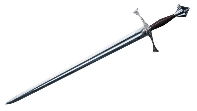Ornate medieval longsword with leather grip, isolated on transparent background