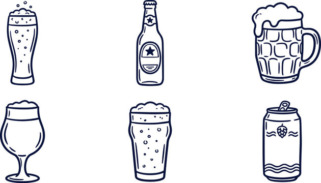 Beer glassware doodle vector graphic featuring pint glasses, mugs, bottles, and cans for brewery design