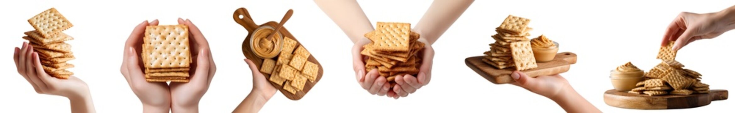 Set of hand holding crispy flat baked thin square crackers biscuit, snack staple food, serving wooden board with peanut butter dip, pile stack bitten broken, transparent cutout PNG. Many style Mockup