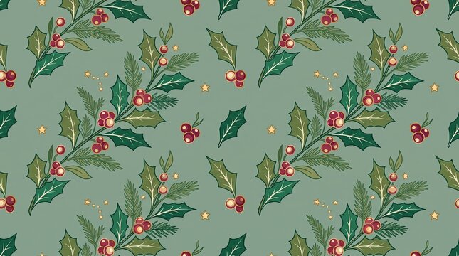 Festive christmas seamless pattern with holly berries and delicate winter decorations