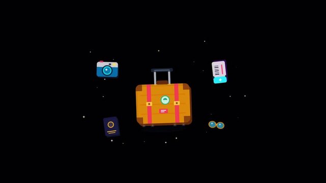 Suitcase and travel icons pattern on transparent background. 4K Alpha Channel