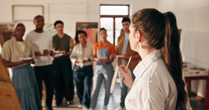 Painting, mentor or college students in class with lesson, learning or skill growth with art course. Guidance, people or instructor with teaching, artistic tips or creative development in university.