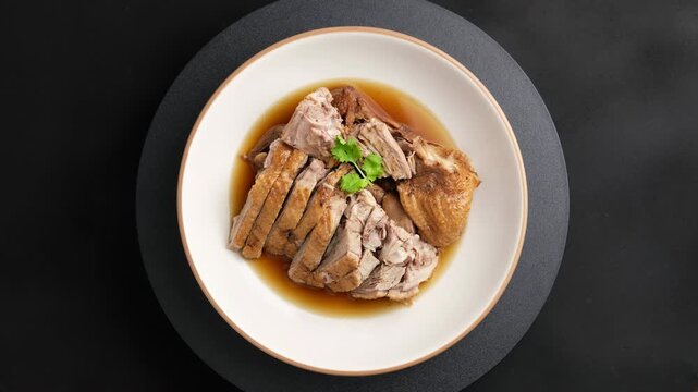 Pot Stewed Duck, Chinese Braised Duck in white plate.Top view.