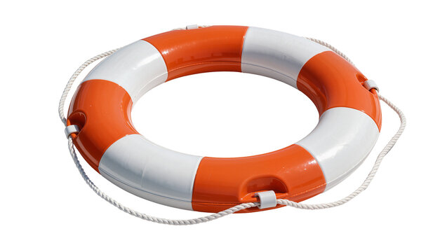 Orange and white life preserver ring with rope, isolated on transparent background
