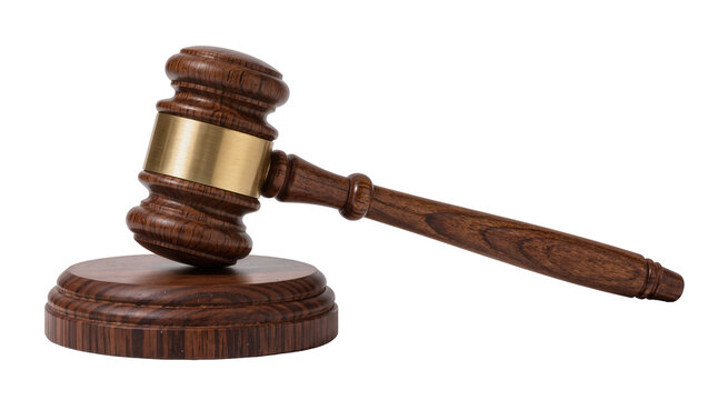 Wooden gavel with brass band, isolated on transparent background