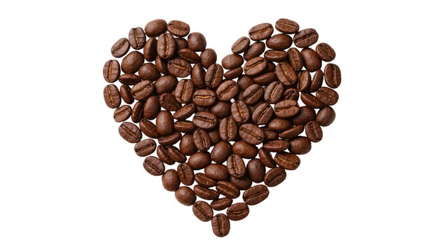 Heart shape formed by roasted coffee beans, isolated on transparent background