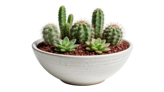Assortment of green cacti and succulents in a textured ceramic pot, isolated on transparent background