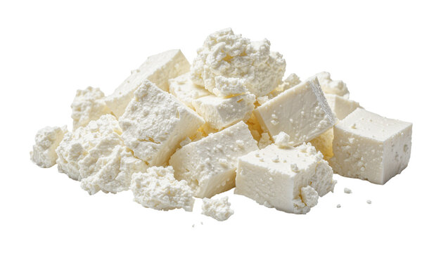 Crumbled and cubed feta cheese pieces, isolated on transparent background