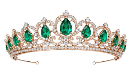 Elaborate rose gold tiara with pear-shaped emeralds and diamonds, isolated on transparent background © pixogram