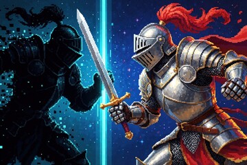 Fototapeta premium Pixel art illustration of fantasy knight fighting shadow monster in digital realm. Silver warrior with red plume holds sword against dark glitchy enemy. Concept of cloud gaming latency, combat in