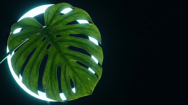 Monstera leaf illuminated by a ring light against a dark background