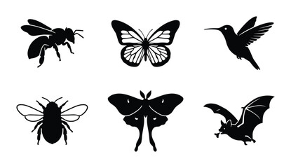 Obraz premium Insect Vector Silhouettes: Bee, Butterfly, Moth, Bat, Hummingbird Icons for Nature and Wildlife Design