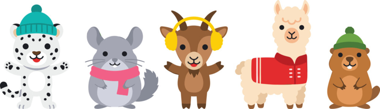 Cute winter animals colorful vector illustration featuring snow leopard, chinchilla, goat, alpaca, and beaver for apparel