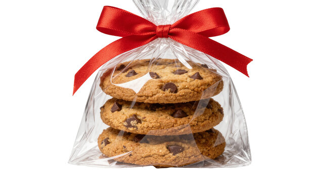 Stack of three chocolate chip cookies in clear plastic bag with red ribbon bow, isolated on transparent background
