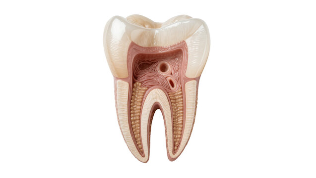Detailed cross-section of a human molar tooth showing enamel dentin pulp and roots, isolated on transparent background