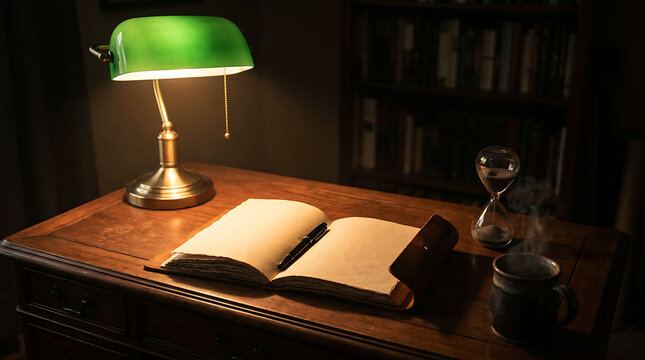 A vintage wooden desk illuminated by a green banker lamp with an open journal, pen, hourglass, and a steaming coffee mug