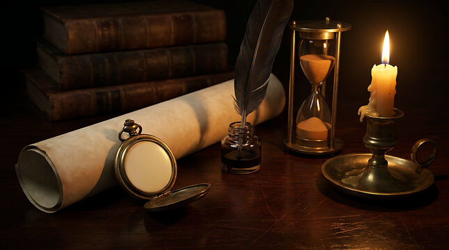 Vintage study desk with open pocket watch, parchment scroll, inkwell with feather quill, hourglass, and burning candle
