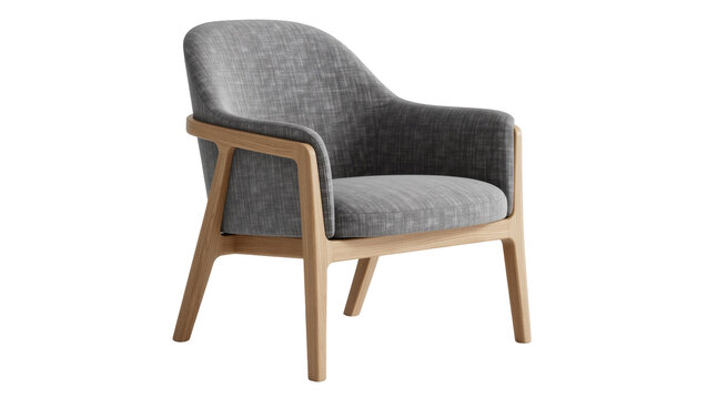 Modern grey upholstered armchair with natural wood frame, isolated on transparent background