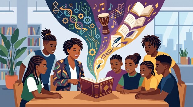 Diverse students and teacher reading magic book vector illustration with science and arts icons