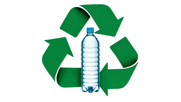 Clear plastic water bottle with blue cap centered within a green recycling symbol, isolated on transparent background
