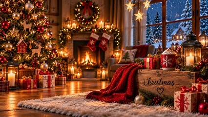 Fototapeta premium Cozy Christmas Living Room Interior with Festive Fireplace, Decorated Tree, Red Velvet Sofa, Wreath and Wrapped Gifts