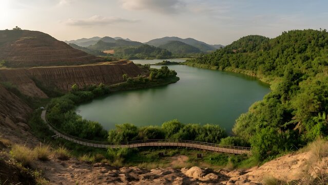 A panoramic view of the picturesque landscape in Ha Tien-Vietnam, a reclaimed clay excavation transformed into a freshwater biodiversity sanctuary supporting aquatic restoration and environmental lear