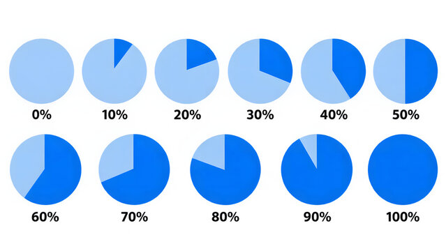 Blue pie chart percentage icons set from 0 to 100 percent