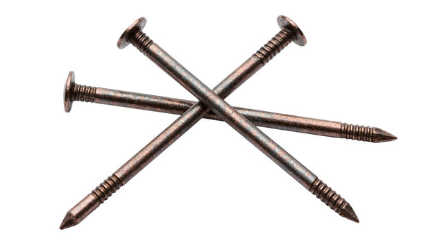Three metallic construction nails with threaded shafts, isolated on transparent background