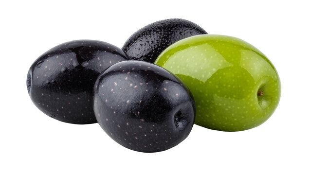 Group of ripe black and green olives, isolated on transparent background