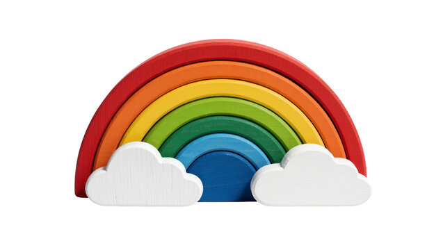 Wooden rainbow toy with clouds, isolated on transparent background