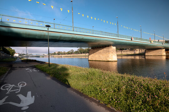 Krakow, Poland - July 18, 2026: Vistula River waterfront, bridges and riverside paths through central Krakow.