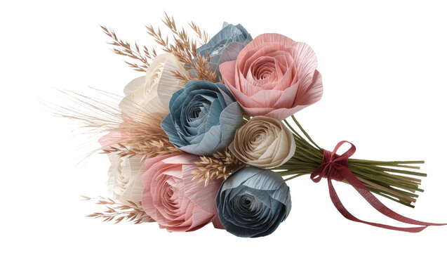 Pastel paper roses and dried wheat stalks bouquet tied with ribbon, isolated on transparent background
