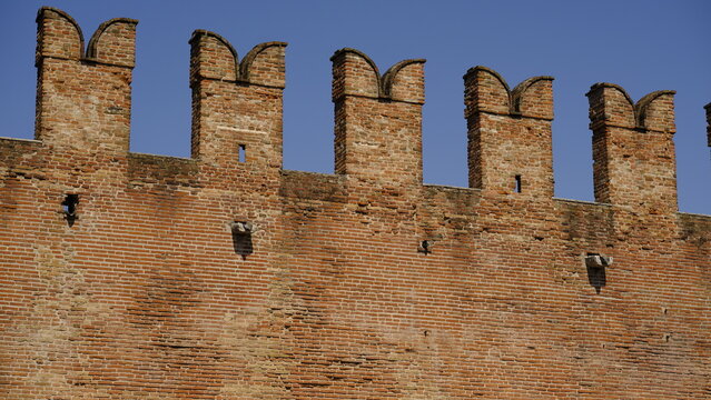Close up of swallowtail merlons on the walls of Castelvecchio, Verona, Italy