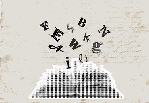 Vector collage element of an open book with letters flying out of it, knowledge and creativity concept, halftone newspaper style, editable vector, ready to use design