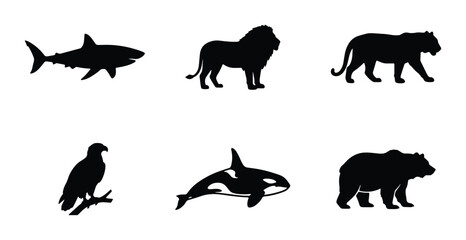 Obraz premium Wild Animal Silhouettes: Shark, Lion, Tiger, Eagle, Orca, Bear Icons. Nature Wildlife Vector Set.