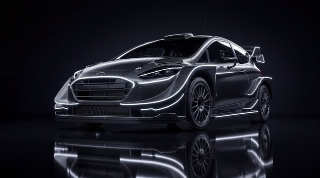 Rally Car with Neon Light Outlines on Dark Reflective Studio Floor