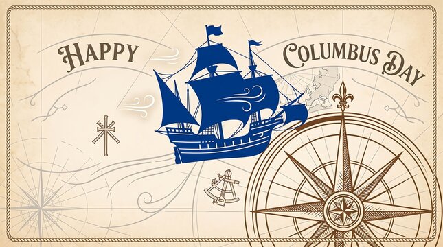 Vintage style columbus day greeting card with a blue ship silhouette, compass rose, and nautical navigation tools
