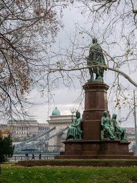 szechenyi monument with chain bridge and buda castle in budapest hungary